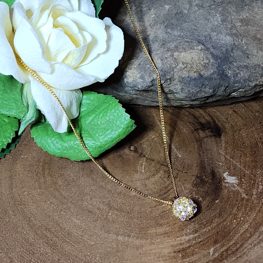 Dainty Gold Toned Rhinestone Ball Shaped Pendant Necklace